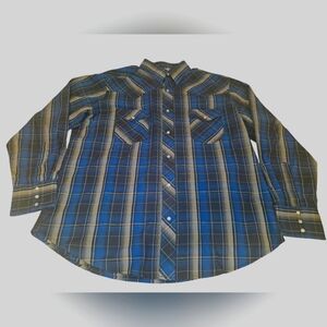 Wrangler Men's Long Sleeve Plaid Pearl Snap XL Blue/Black/Gray